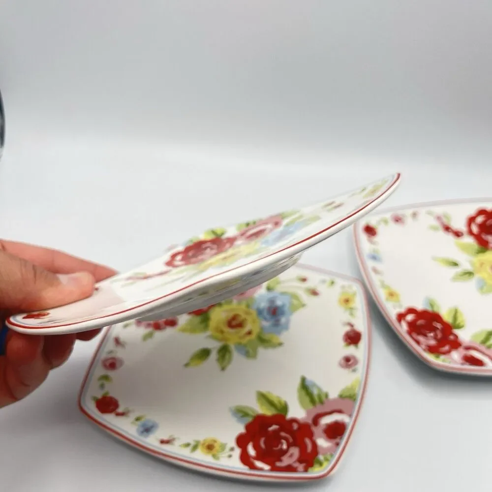 Shabby Chic Roses Small 6” Plates Square Appetizer Set of 3 Country Cottage